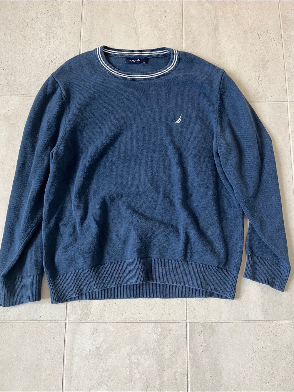 Nautica Men’s Dark Blue Crewneck Sweater with White Logo Trim